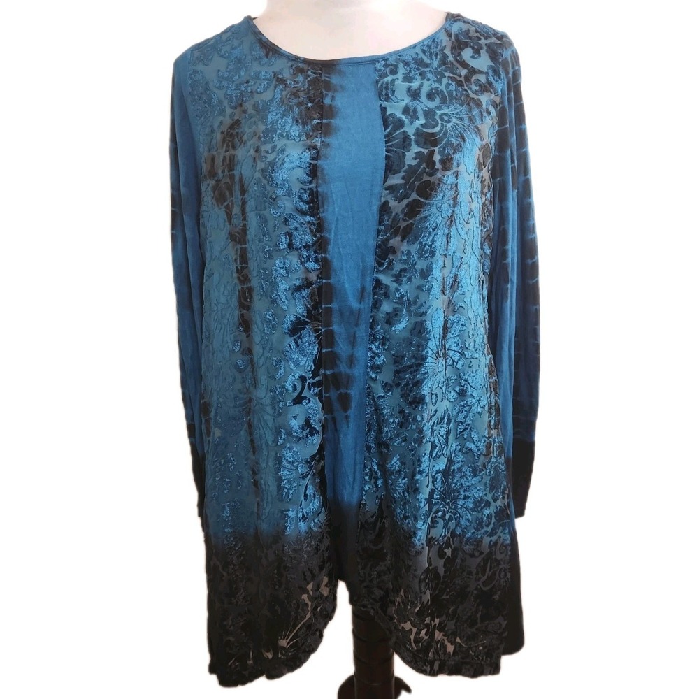 Chicos Zenergy 1 Women Velour Burnout Tunic Top Sz M‎ Teal Long Sleeve Goth Boho